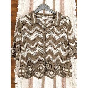 SOLITAIRE Cottage Boho Crochet Knit Cardigan Taupe Cream Medium